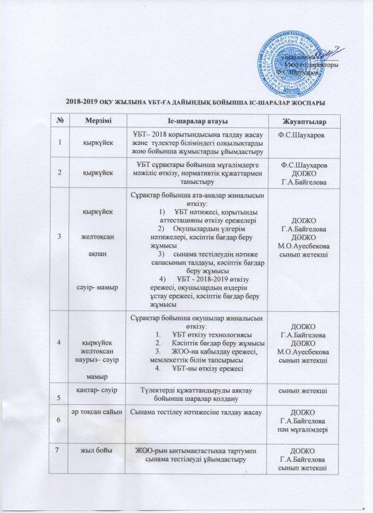 2018-2019 оқу жылындағы ҰБТ-ға дайындық іс-шаралар жоспары