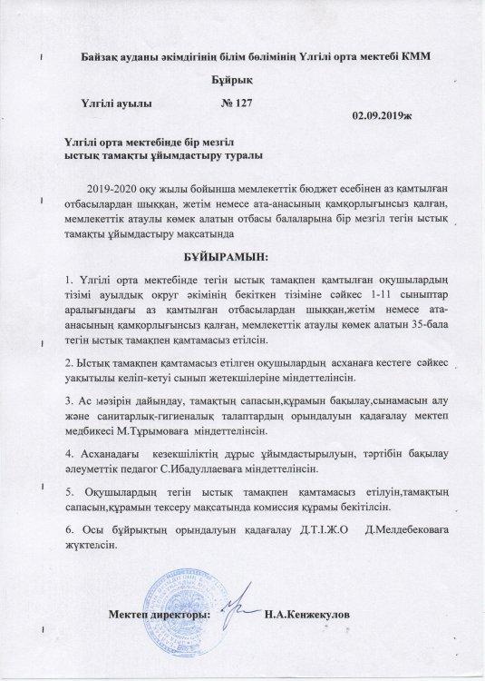 Үлгілі орта мектебінде бір мезгіл ыстық тамақты ұйымдастыру туралы