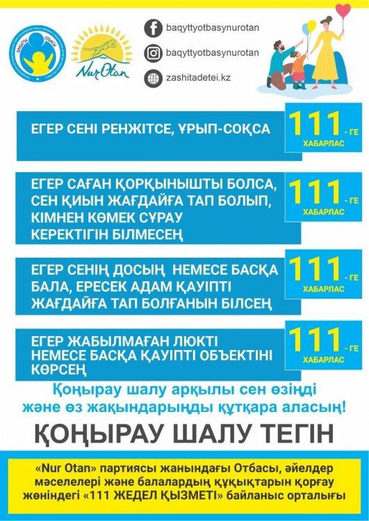"Nur Otan" партиясы жанындағы Отбасы, әйелдер мәселелері және балалардың құқықтарын  қорғау жөніндегі  "111 ЖЕДЕЛ ҚЫЗМЕТІ"  байланыс орталығы.