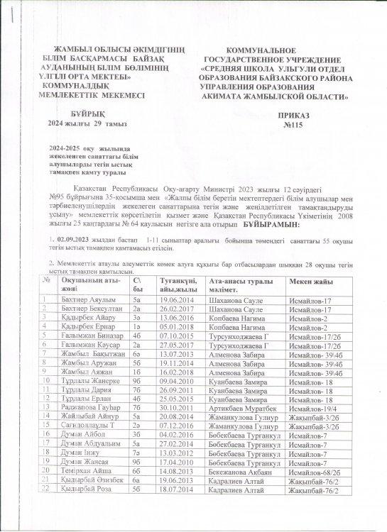 2024-2025 оқу жылында жекелеген санаттағы білім алушыларды тегін ыстық тамақпен қамту туралы