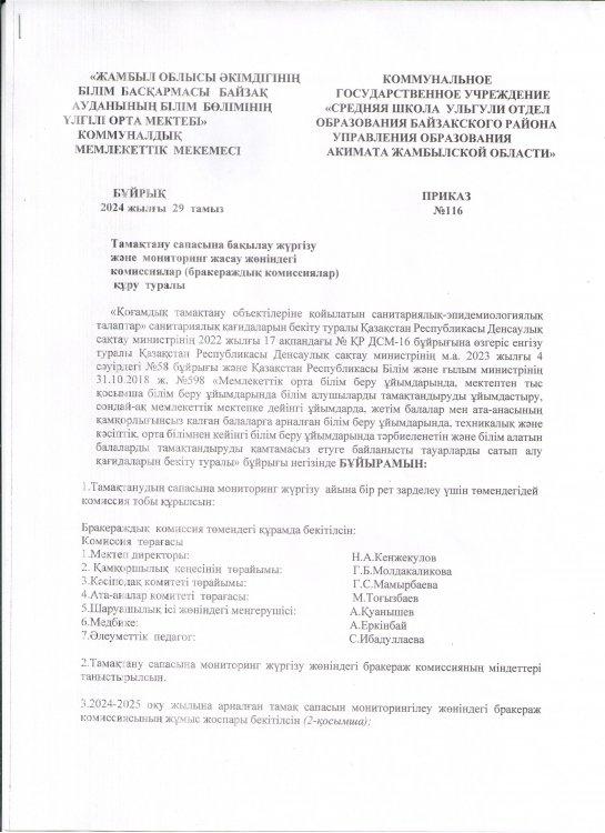 Тамақтану сапасына бақылау жүргізу және мониторинг жасау жөніндегі комиссиялар (бракераждық комиссиялар) құру туралы